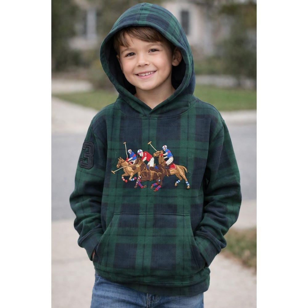 Polo Ralph Lauren Kids Rare Plaid Preppy Polo Players Hoodie – Size 7